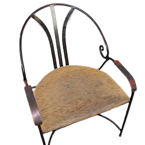 Vintage Wrought Iron Chair with Armrests, Hand Forged Metal Dining Chair Comfortable House or Bistro Furniture