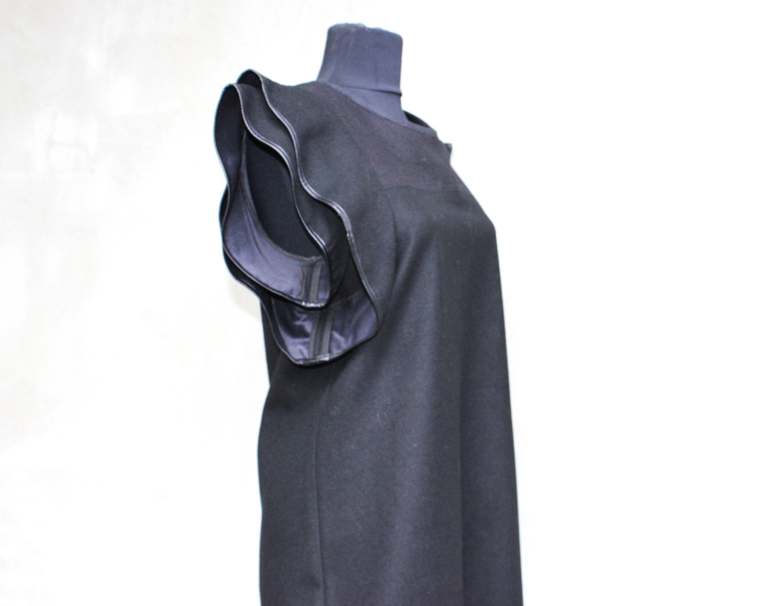 Vintage Givenchy Little Black Wool Dress With Leather Trim