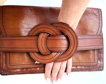 Vintage Italienische Leder Clutch Braun Handschlaufe Tasche Minimalistischen Umschlag