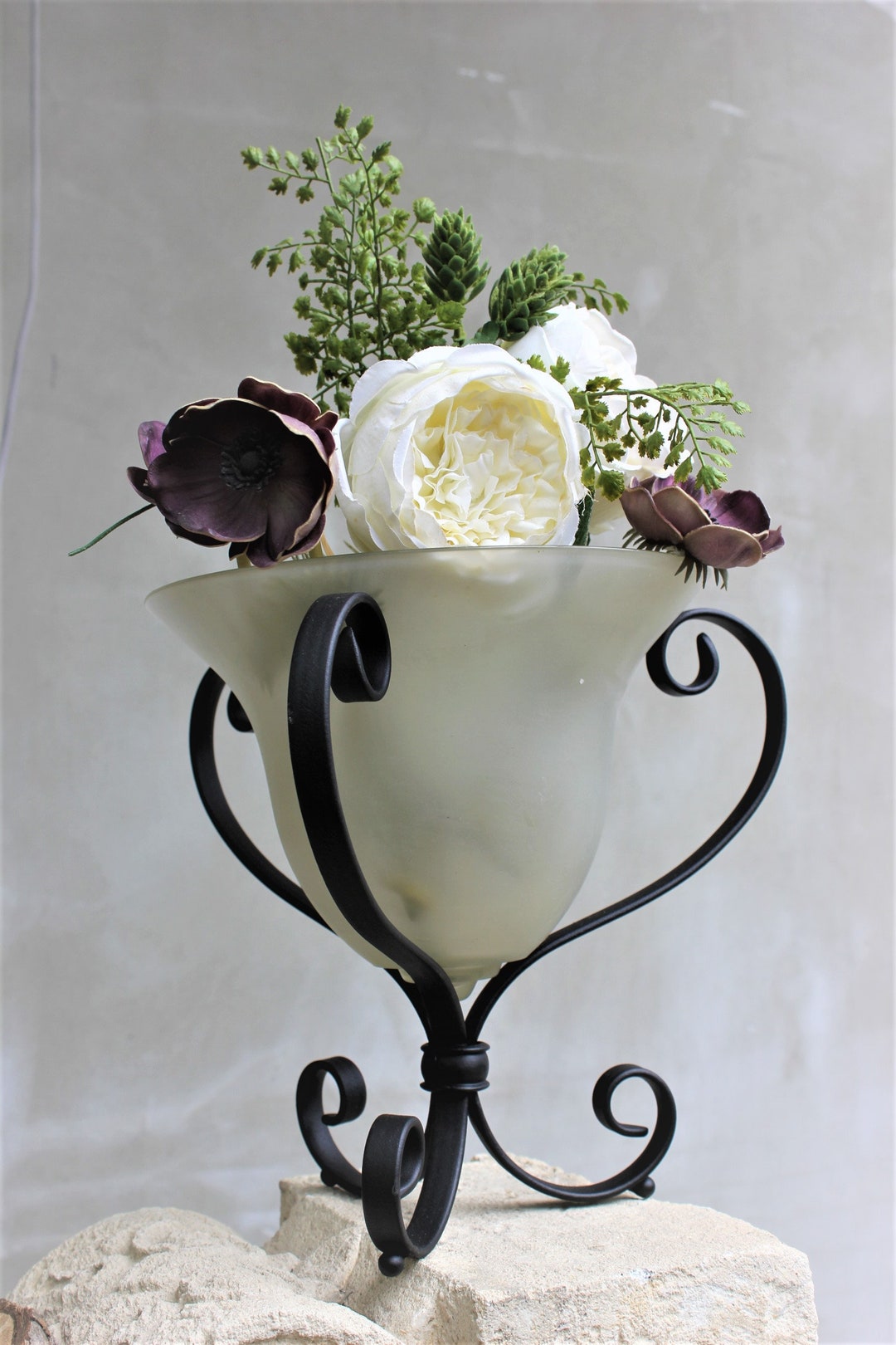 Unique Glass Vase With Wrought Iron Holder, Decorative Centerpiece