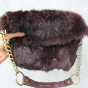 Fashion Fur Leather Clutch Brown Fur Purse Evening Bag Shoulder Chain Fur Wallet