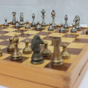 Vintage Chess set, Wooden Box and Brass Chess Pieces, Home Board game, 40s, 50s Birthday gift for him