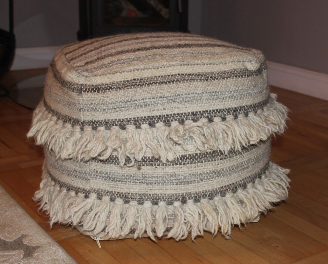 Beige Wool Pouf With Tassels Square Ottoman Foot Chair Etsy
