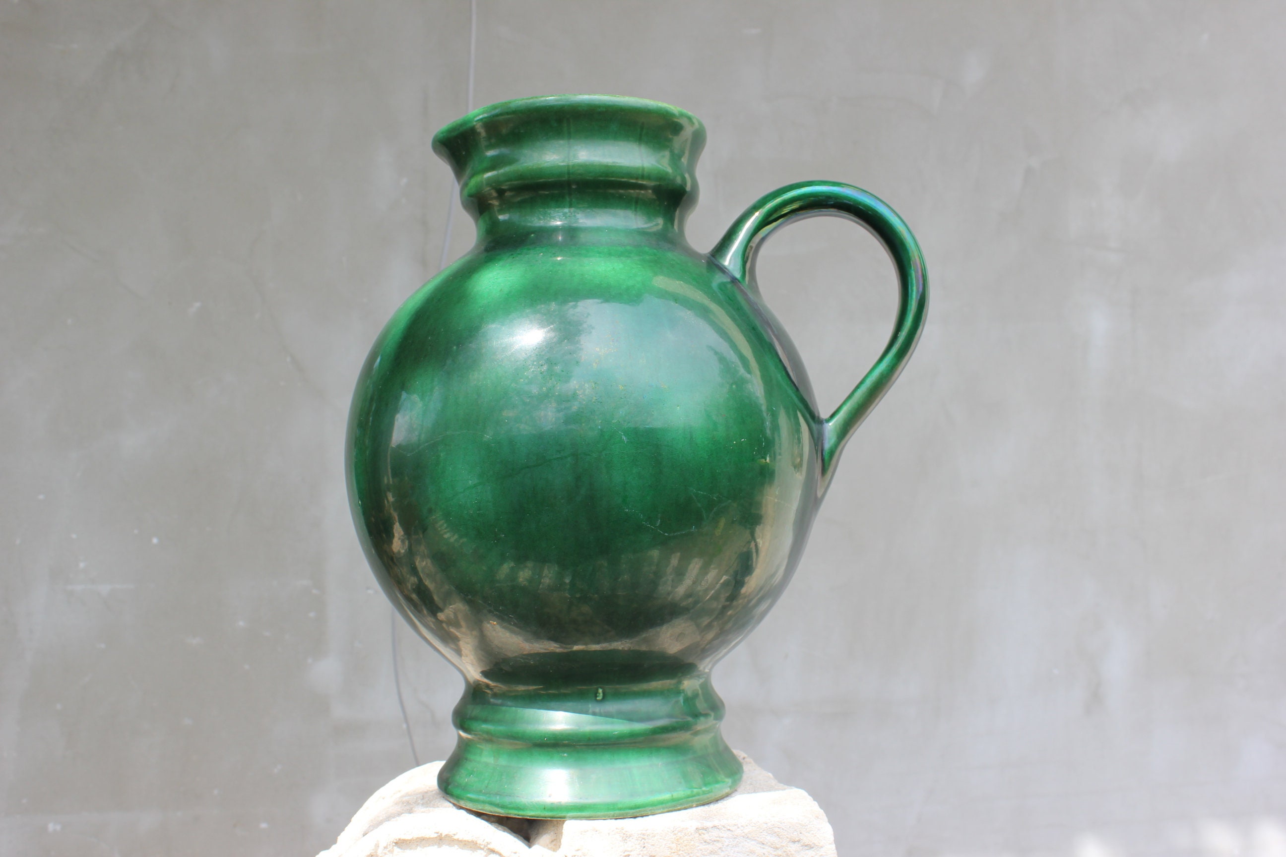 ヴィンテージ　水差し　陶器　大型 大型ヴィンテージ陶器ピッチャー：ハンドメイドグリーンドリップ釉花瓶