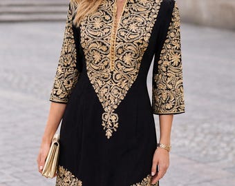Festival Bestickte Tunika Kleid Schwarz Gold Boho Kaftan Ethno Chic