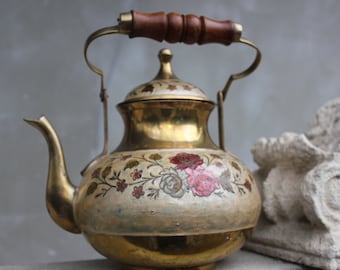 Unique Enamel Brass Teapot, Vintage kettle with Beautiful ornate flowers Classic Shape Rustic Kitchen decoration