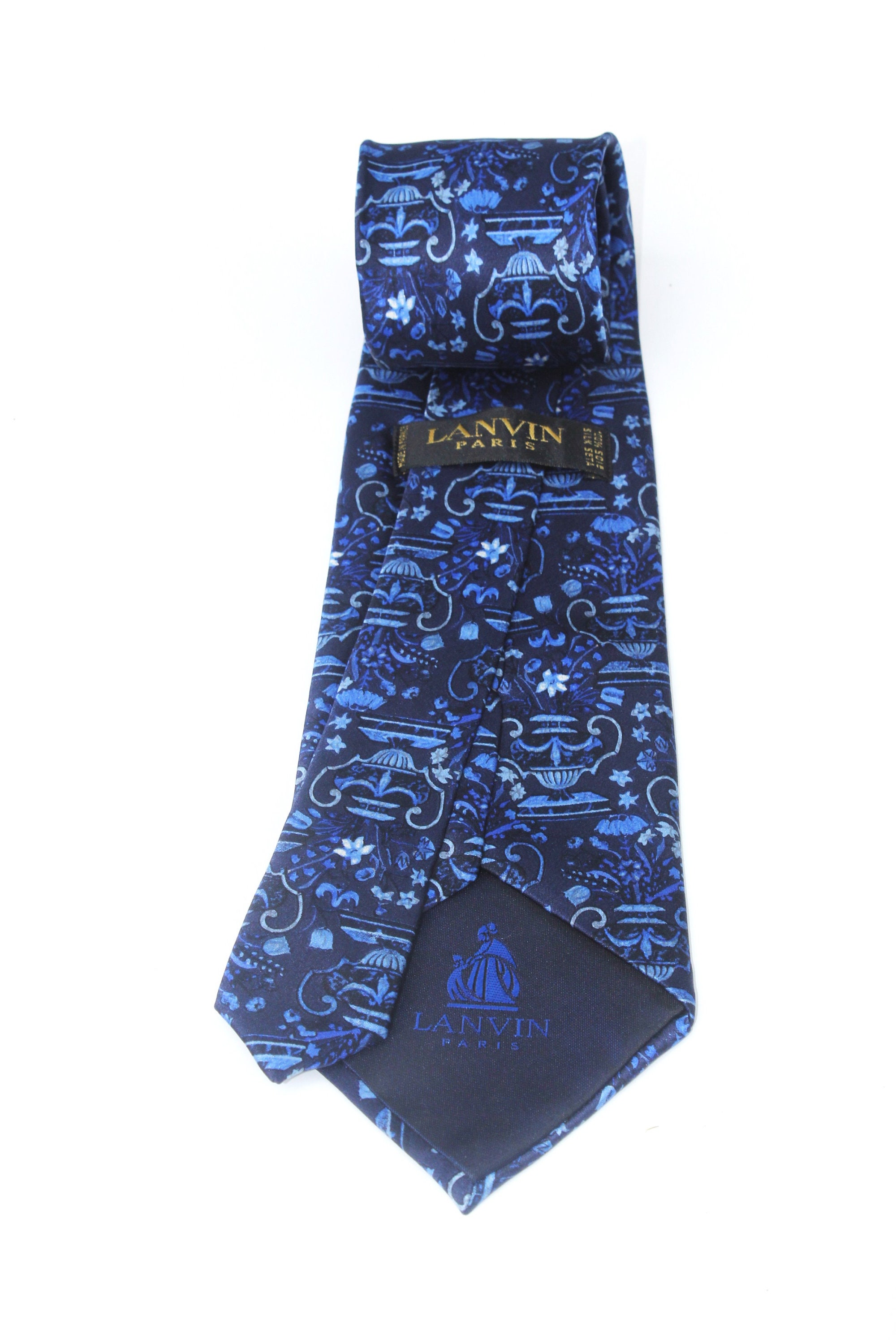 Cravate Lanvin Paris En Pure Soie - Motif Insectes, Bleu, Fait Main