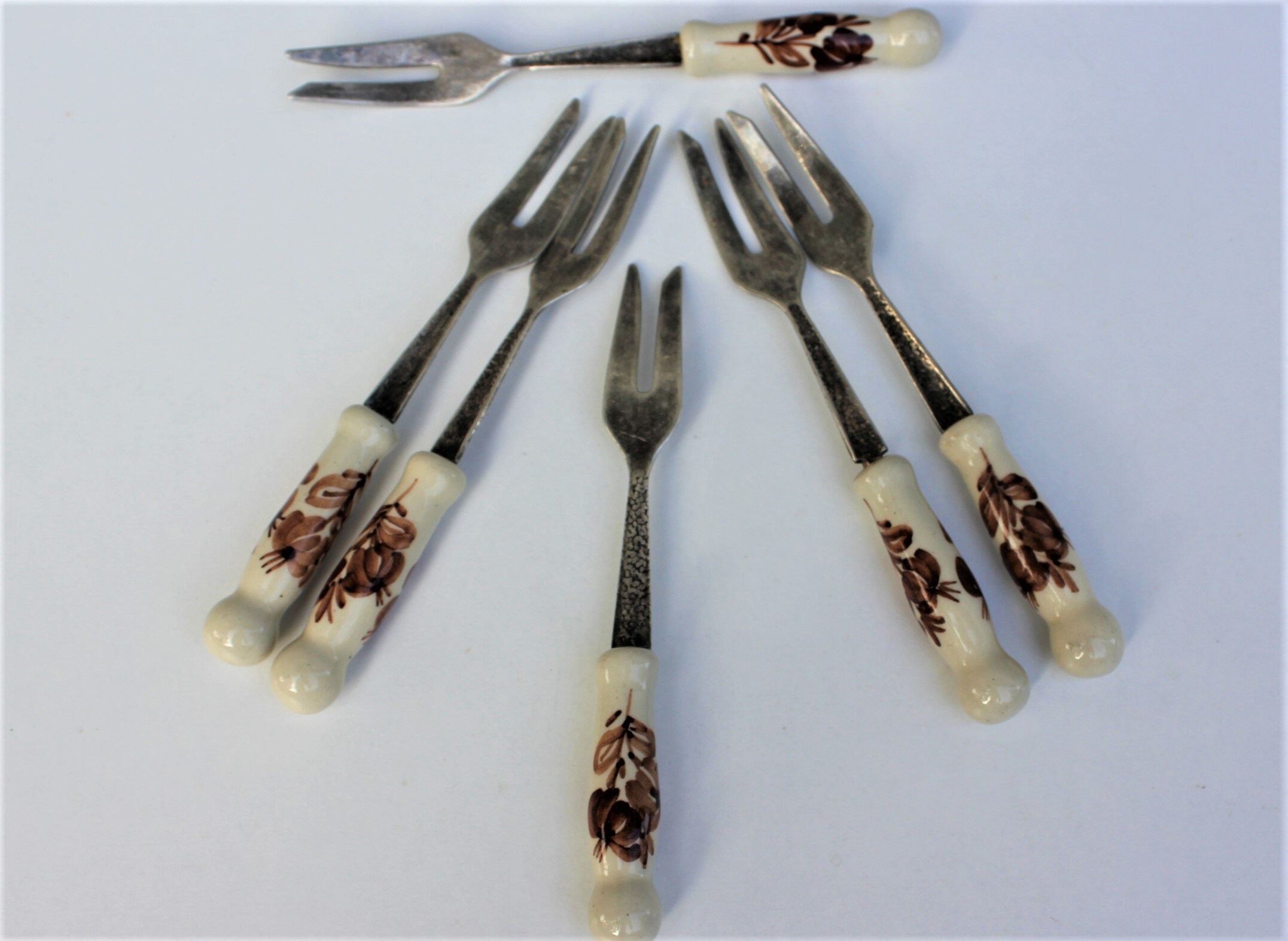 6 Vintage Cake Forks Stainless Steel Porcelain Silver Colored Etsy