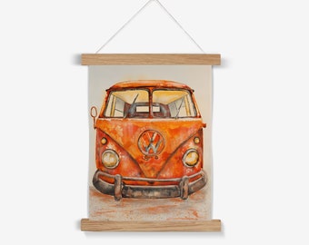 Campervan Gift Art Print & Wooden Poster Hangers - Orange Campervan