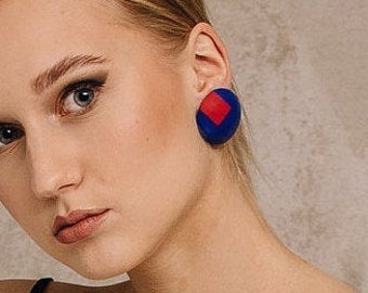 Bucis - blue and red earrings, Leather earrings, Handmade earrings, Geometric Round earrings Stud earrings, earrings Jewelry