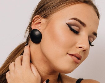 Bucis - Black leather earrings, Handmade earrings, Round earrings, Oversized, Stud earrings, stack, stacking, layering