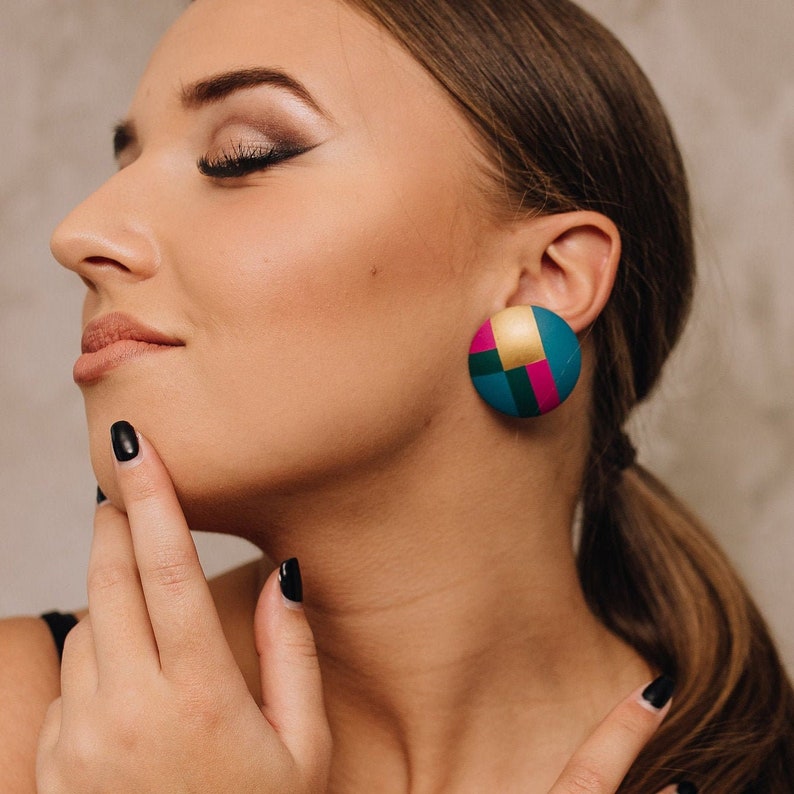 Bucis Oversized earrings, leather earrings, Handmade earrings, Geometric earrings Stud earrings Jewelry Minimalist image 1