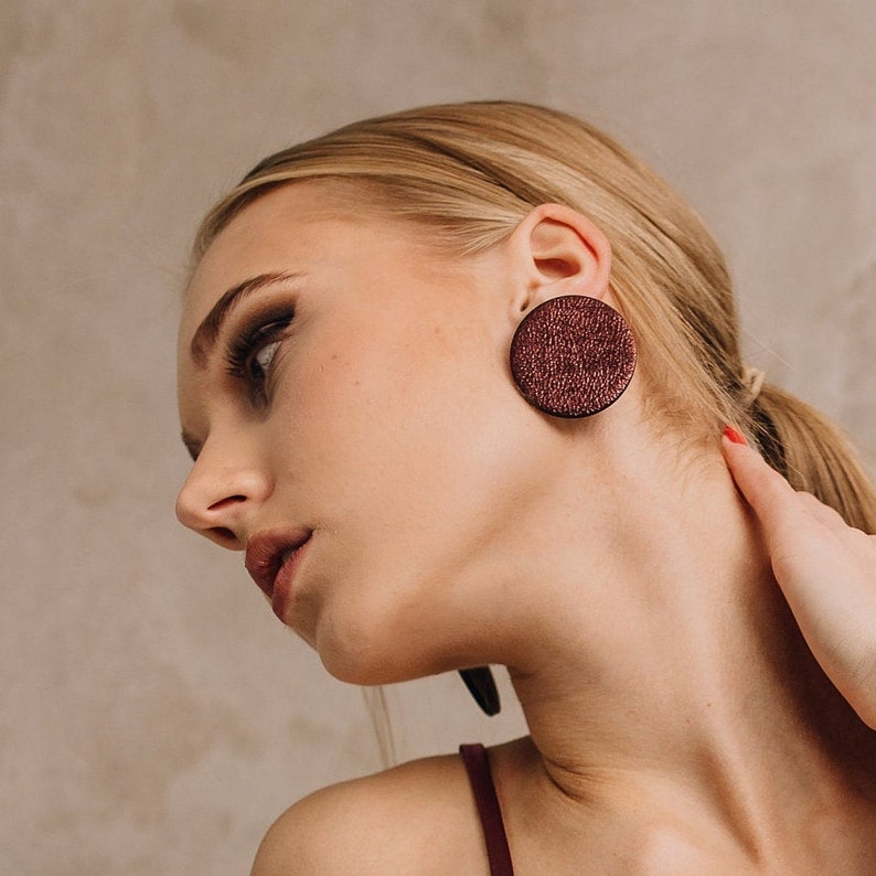 Bucis burgundy earrings, Leather earrings, Handmade earrings, Geometric Round earrings, Stud earrings, earrings, Jewelry image 1