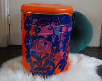 Lebber vintage® - Flower Power '70 stool - storage furniture tin with flowers, guitars, Jimmy Hendrix, music in orange purple and pink.
