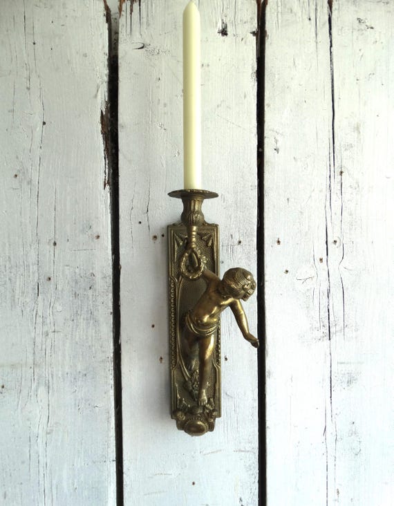 Lebber vintage® - Vintage brass wall candle holder Brass Rokkoko Style Hollywood Regency 1960s, Cherub Putti, angel.