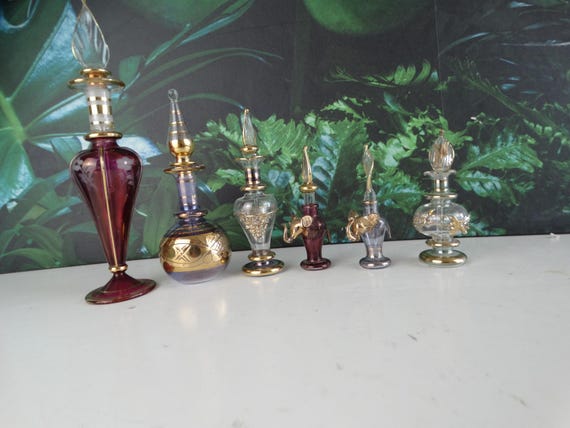 Lebber vintage® - Set of six vintage Egyptian hand-blown glass perfume bottles decorative 14k gold, Egyptian oil glass bottle.