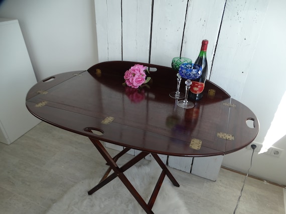 Lebber vintage® - Butler's Tray on stand - mahogany - brass hinges - vintage mid-century MCM.