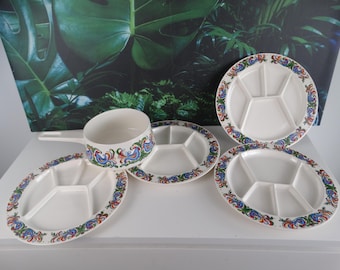 Lebber vintage® - VILLEROY & BOCH fondue plates Septfontaines Luxembourg fondue, chicken and rooster. Fondue pan.
