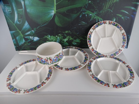 Lebber vintage® - VILLEROY & BOCH fondue plates Septfontaines Luxembourg fondue, chicken and rooster. Fondue pan.