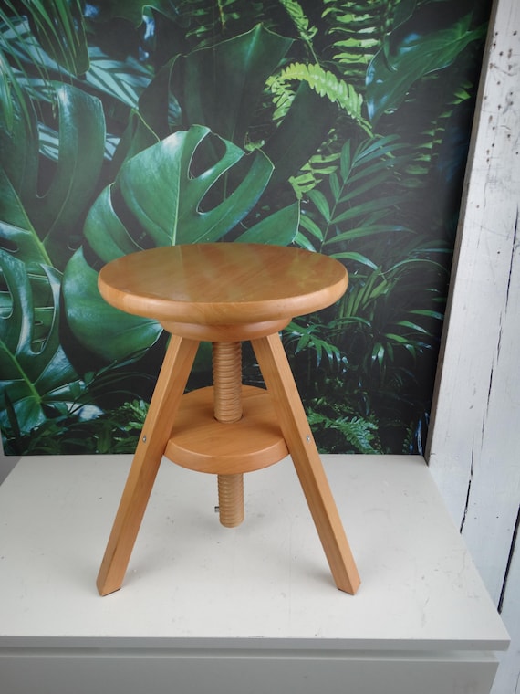 Lebber vintage® - Solid wood adjustable screw stool, craftsman vintage stool 1980s