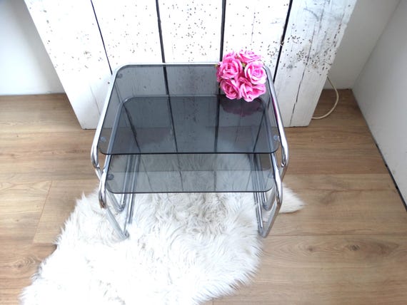 Lebber vintage® - Modern Vintage Chrome Table with Smoked Glass, Original Silver Side Table with Bronze Smoked Glass. Price is per piece!!