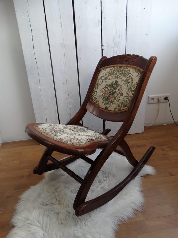 Lebber vintage® - Vintage wooden rattan rocking chair, folding carved chair, wicker chair, farmhouse decor.