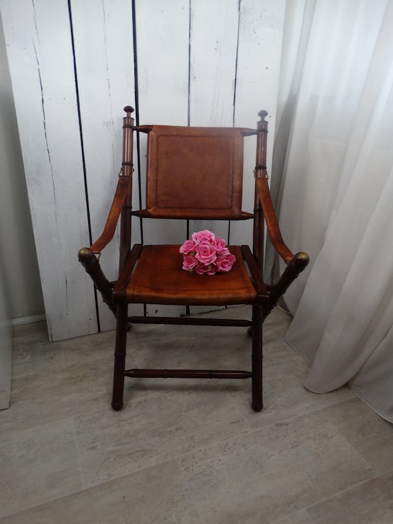 Lebber vintage® - Officers chair faux bamboo, military campain chair. Leather.