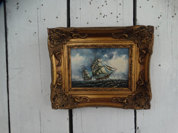 Lebber vintage® - Beautiful painting of boats at sea, hand painted.