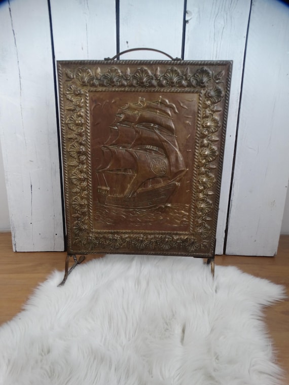 Lebber vintage® - Antique fireplace screen, brass / copper fireplace screen, vintage fireplace screen.