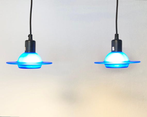 Lebbervintage® - Vintage Danish postmodern UFO-shaped ceiling lamps in blue glass - design by Design Light