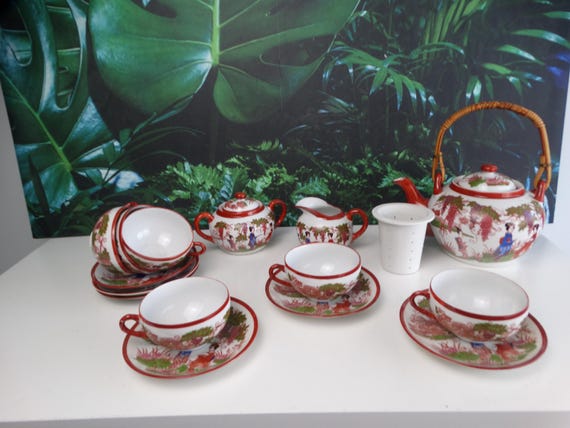 Lebber vintage® - Lithophane Geisha tea set with Japanese gardens, Japan, vintage. Dragon tableware. Satsuma porcelain.