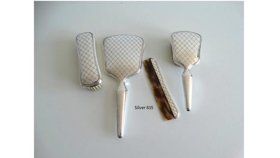 Lebber vintage® - Art Deco genuine silver (835) comb with mirror and brushes - Art Deco silver dressing table gift.