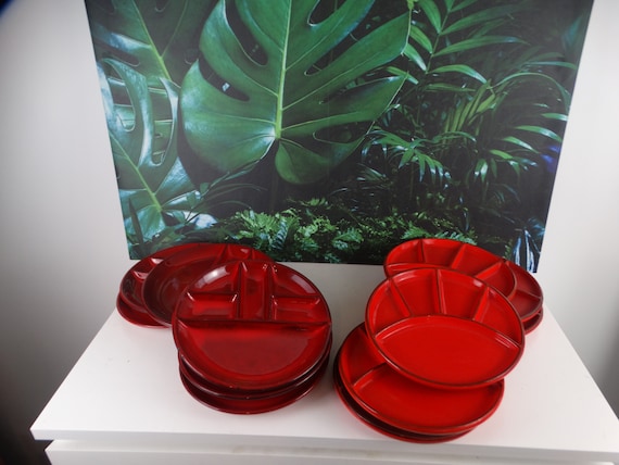 Lebber vintage® - 6 Vintage ceramic plates cFsFrance, 1960's. 6 Vintage fondue plates Jasba red.