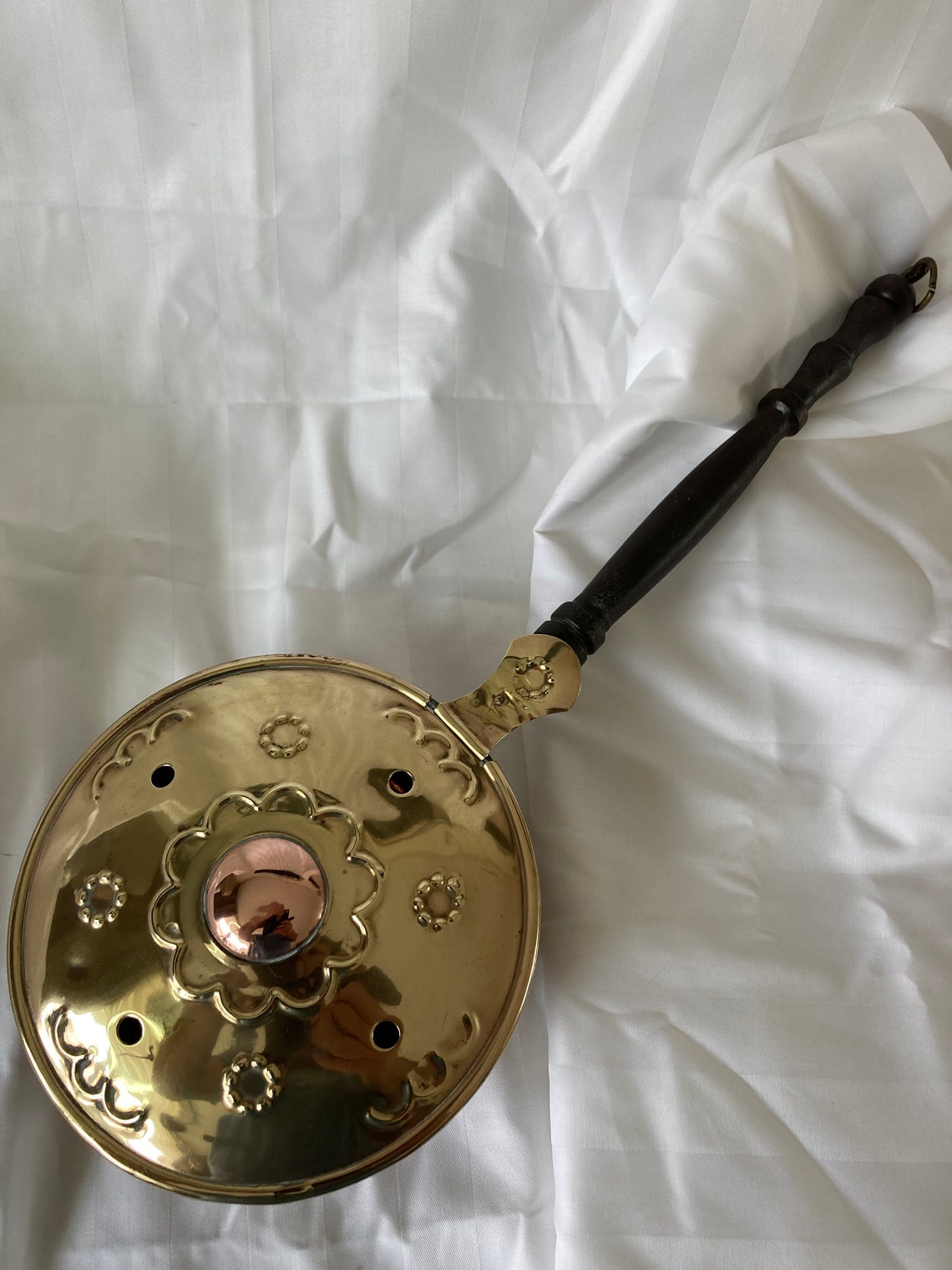 Antique copper bedpan with wooden handle. Etsy