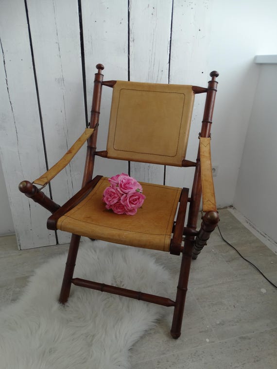 Lebber vintage® - Officers chair faux bamboo, military campain chair. Leather.