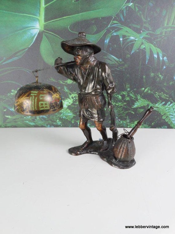 Lebber vintage® - Antique bronze Japanese fisherman with half sphere, made in Japan.