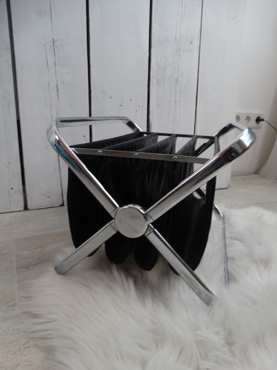 Lebber vintage® - Vintage Castelli Italy magazine rack, chrome tubular frame with imitation leather hanging files!