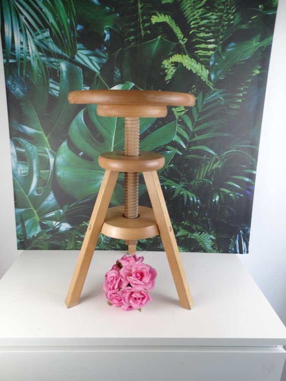 Lebber vintage® - Solid wood adjustable screw stool, craftsman vintage stool 1980s