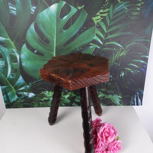 May include: A dark brown wooden stool with three legs. The legs are carved with a rope-like design. The stool is sitting on a white surface in front of a green leafy background.