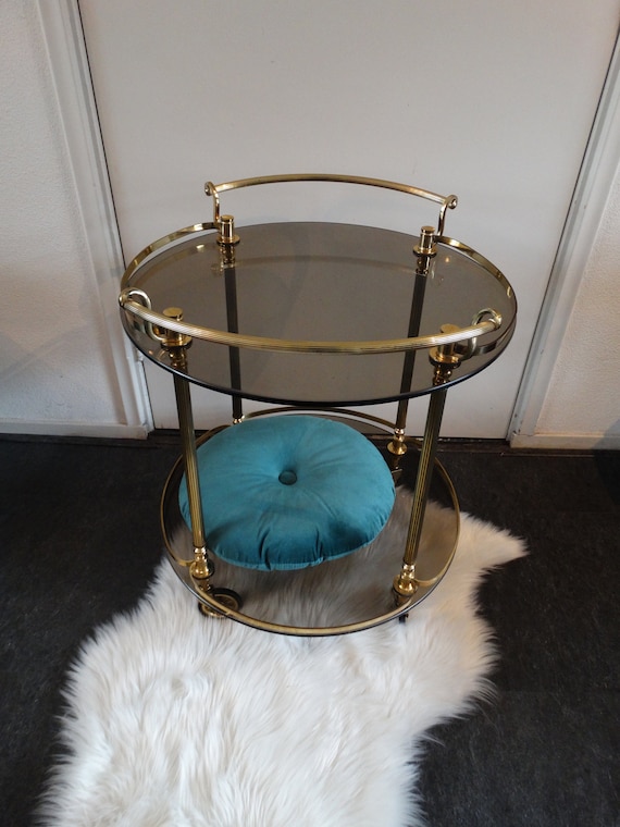 Lebber vintage® - Hollywood Regency bar cart, vintage round brass trolley with two layers and smoked glass