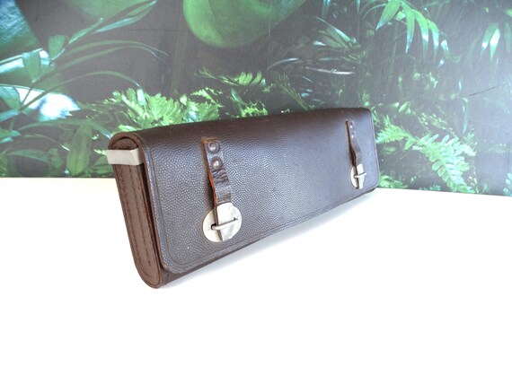 Lebber vintage® - Vintage brown leather tool case, silver buckles (12.5 x 4.5 inches)