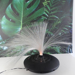 Op de afbeelding: Een zwarte glasvezellamp met een ronde basis en een cluster van witte, uitstralende vezels. De lamp is aangesloten en staat op een wit oppervlak, met een achtergrond van groene tropische bladeren.