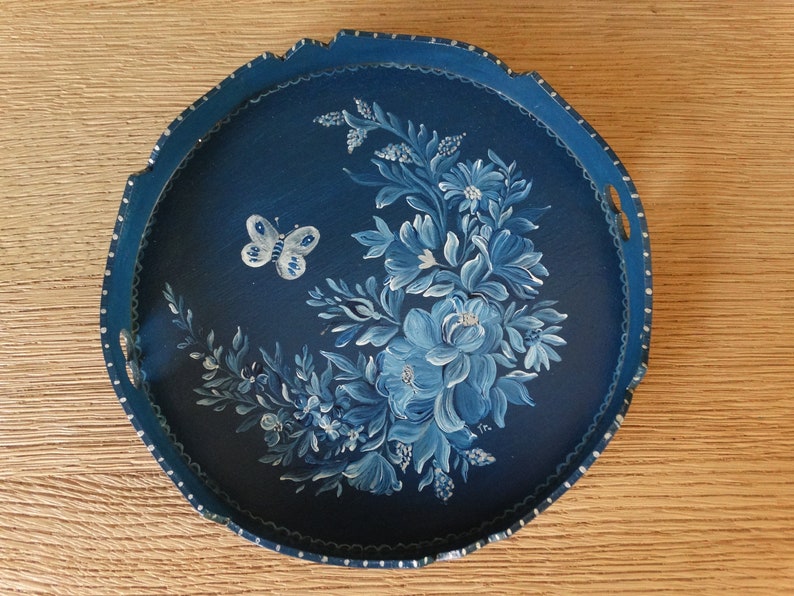 Lebber vintage® Hindeloopen hand-painted tray, folk art tray, hand-painted tray, Frisian tray, Hindeloopen tray, Vintage Friesland Blue round