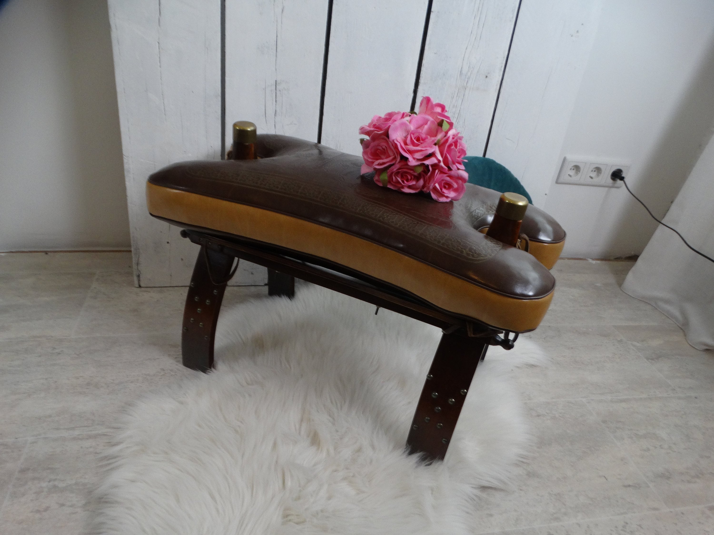 Lebber vintage Camel Saddle Stool Ottoman sofa seat Wooden Camel footstool with vegan leather cushion Boho versatile