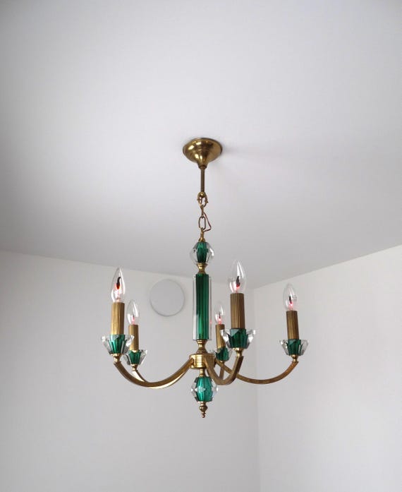 Lebber Vintage® - Mid-century Italian chandelier with green glass. Made in Italy.