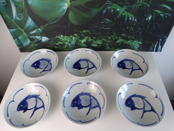 Lebber vintage® - 6 Vintage Chinese deep plates, pasta plates with hand-painted koi fish Ø 20 cm