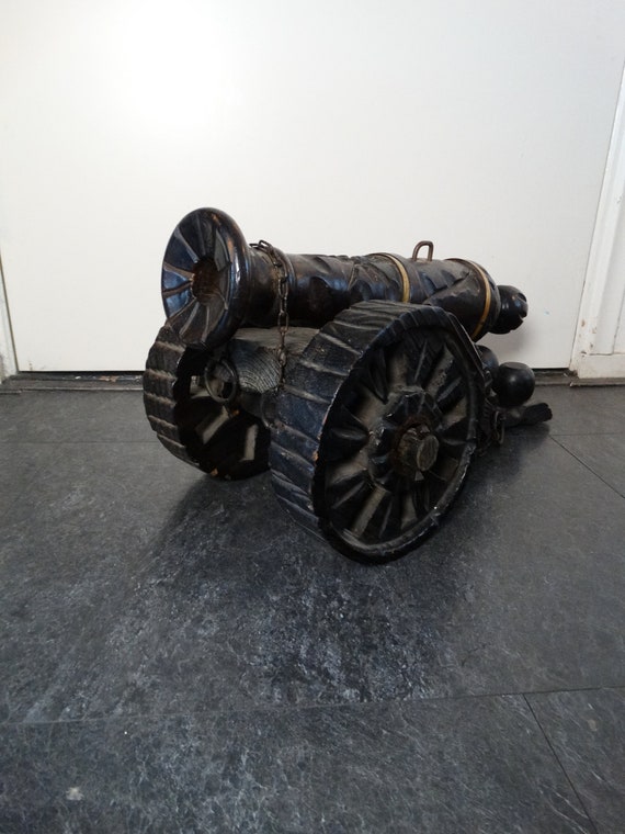 Lebber vintage® - Vintage Large Hand Carved Wood Cannon Statue Painted Bronze & Black Artillery Wooden Mid Century Modern Statuette Office