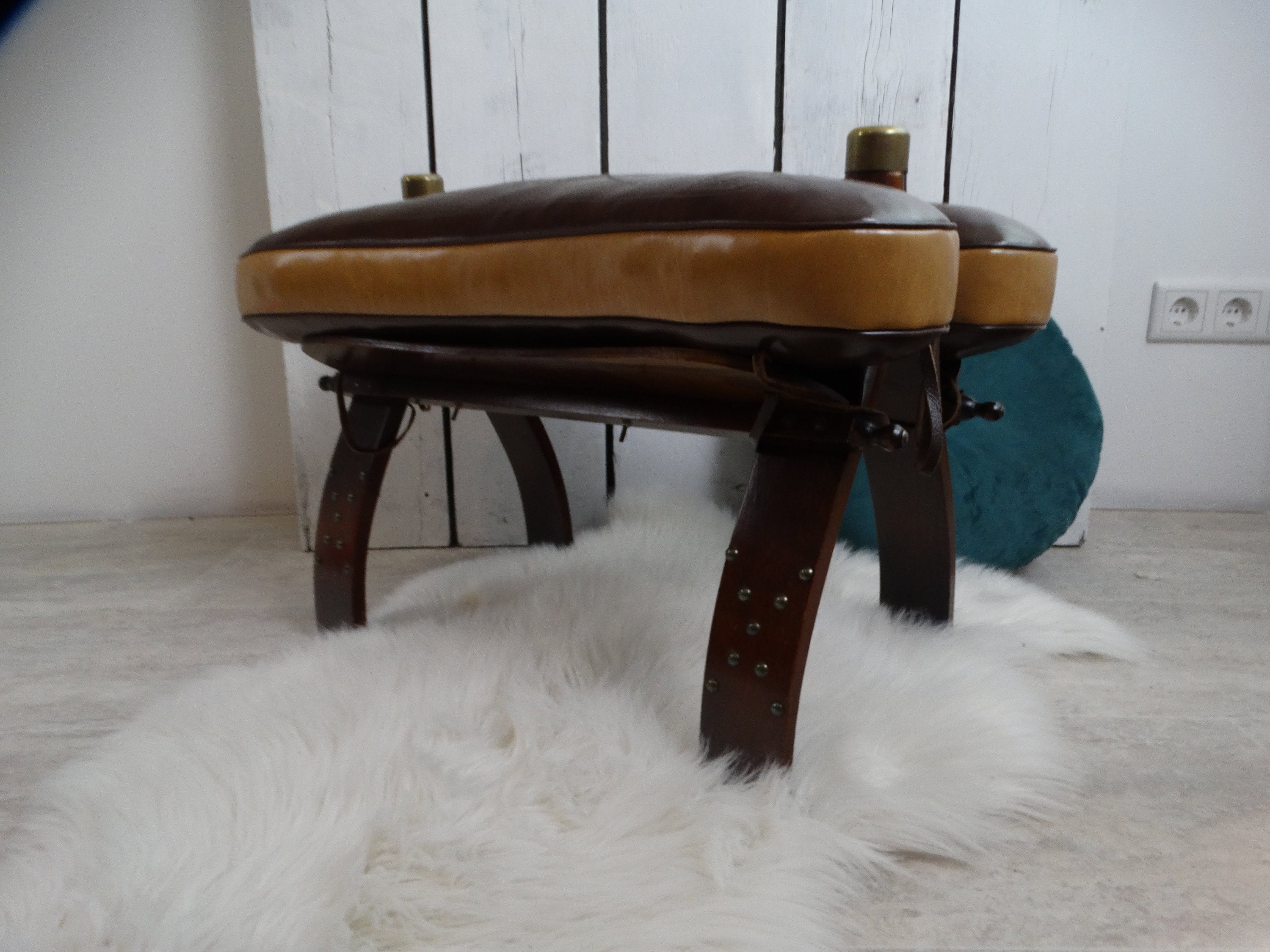 Lebber vintage Camel Saddle Stool Ottoman sofa seat Wooden Camel footstool with vegan leather cushion Boho versatile