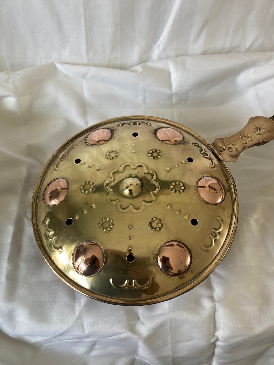 Antique copper bedpan with wooden handle. Etsy
