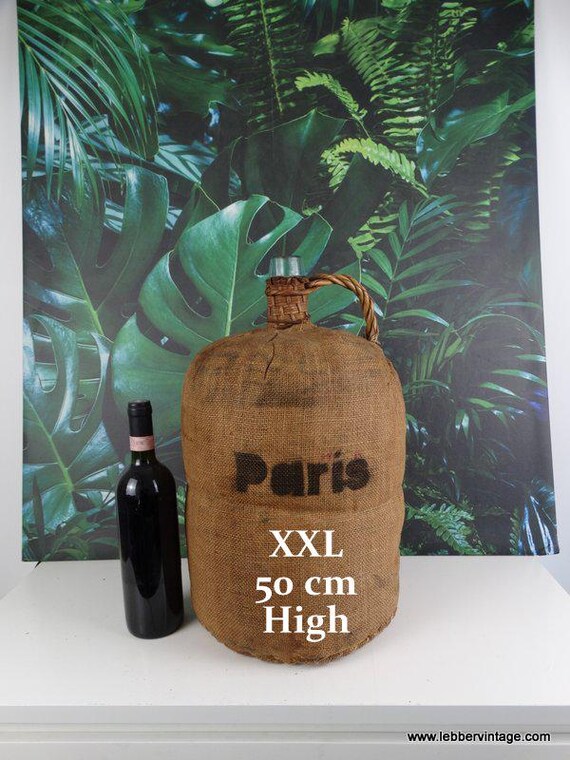Lebber vintage® - Antique French 19th century Hessian wrapped green glass bottle. Paris.